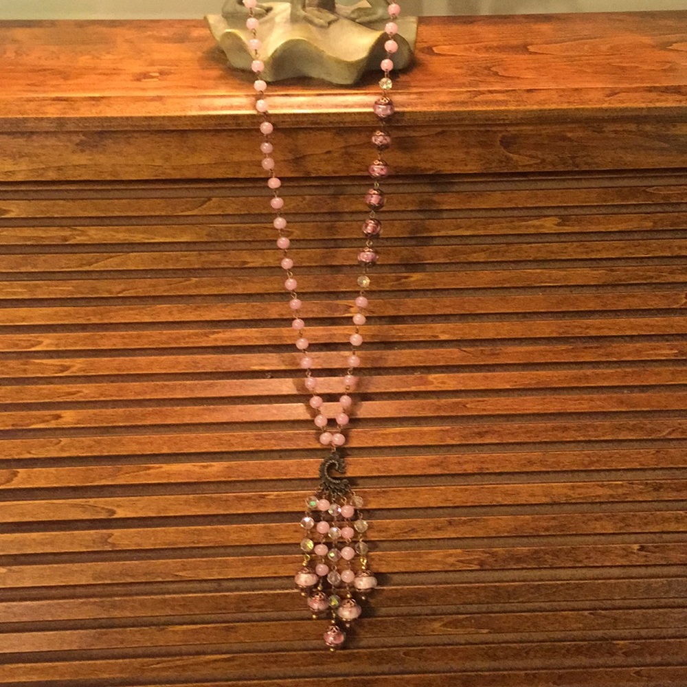 Tassel Necklace, Pink Jade, Crystals, Murano Glass